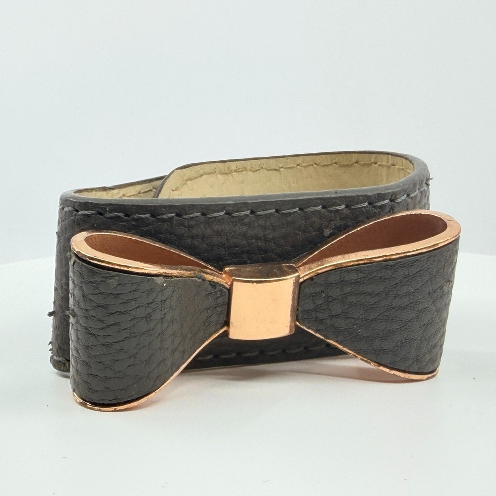VTG Black Leather & Rose Gold Bow Cuff Bracelet - Chic Statement Accessory